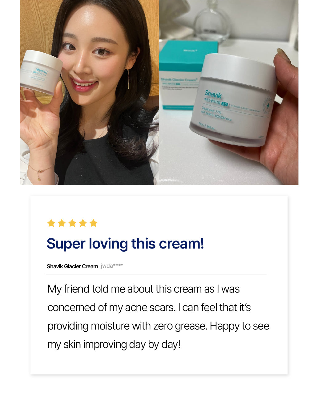 Happy customer holding Shavik Glacier Cream, sharing a glowing 5-star review praising its moisturizing effect on acne scars, with zero grease, and showing noticeable skin improvement.