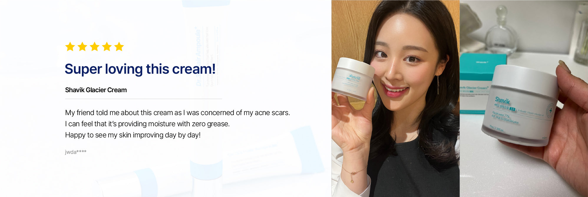 Happy customer holding Shavik Glacier Cream, sharing a glowing 5-star review praising its moisturizing effect on acne scars, with zero grease, and showing noticeable skin improvement.