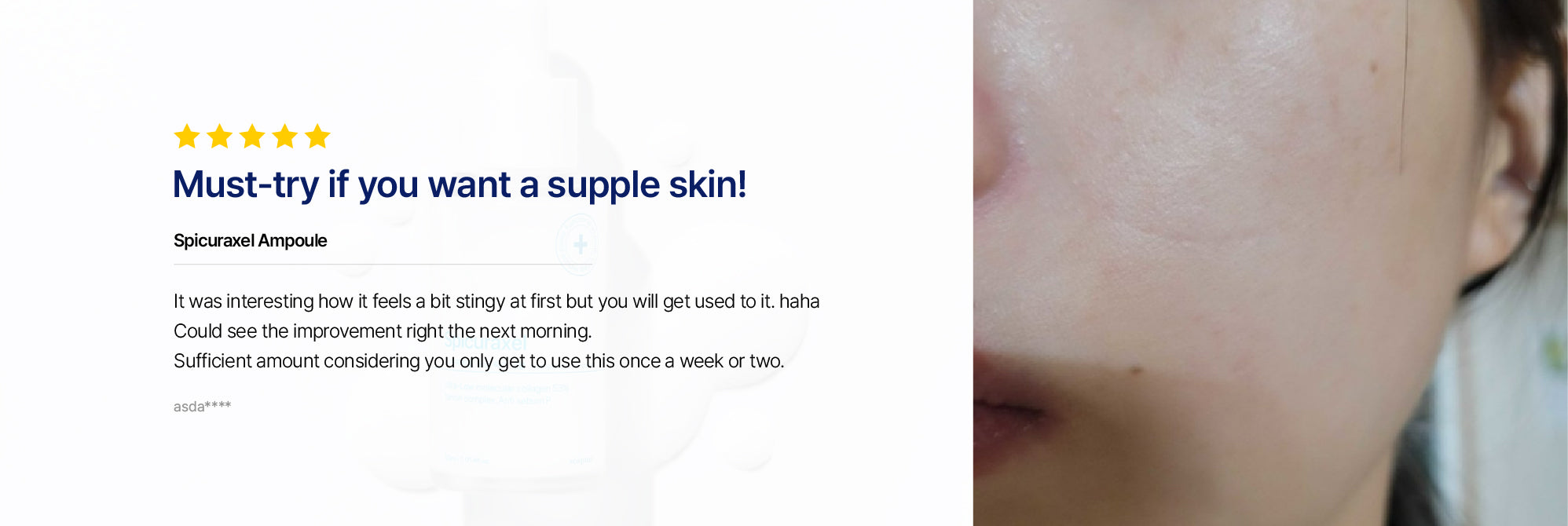 Customer review and close-up of smooth skin after using Shavik Spicuraxel Ampoule, highlighting the product's effectiveness in achieving supple skin.