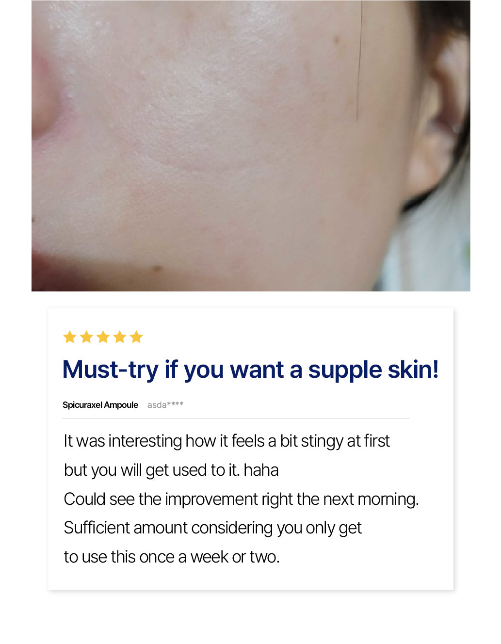 Customer review and close-up of smooth skin after using Shavik Spicuraxel Ampoule, highlighting the product's effectiveness in achieving supple skin.